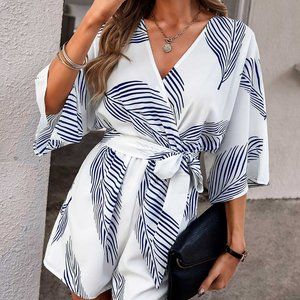 New Leaves Print Surplice Neck Batwing Sleeve Belted Jumpsuit